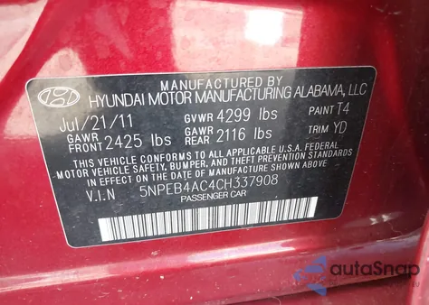 2012 Hyundai Sonata Gls Pzev from USA, damaged, VIN 5NPEB4AC4CH337908
